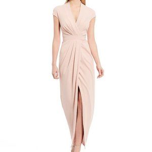 Belle Badgley Mischka V-Neck Cap Sleeve Gathered Waist Front Slit Stretch size 6